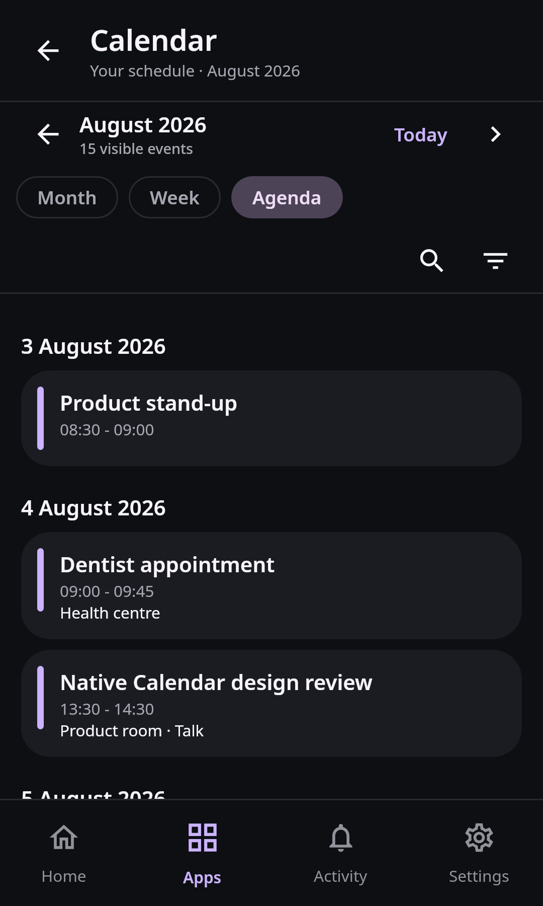 Nextcloud Native Android Calendar agenda with touch-sized event rows, times, locations, multiple calendar sources, and the create-event control