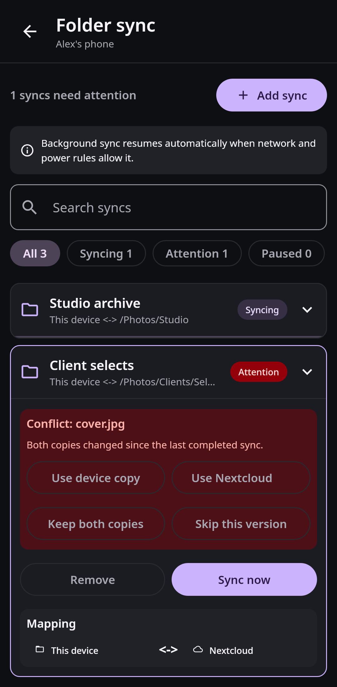 Nextcloud Native Android folder-sync center showing pair direction, queued work, last run, background schedule, conflicts, failures, and recovery actions