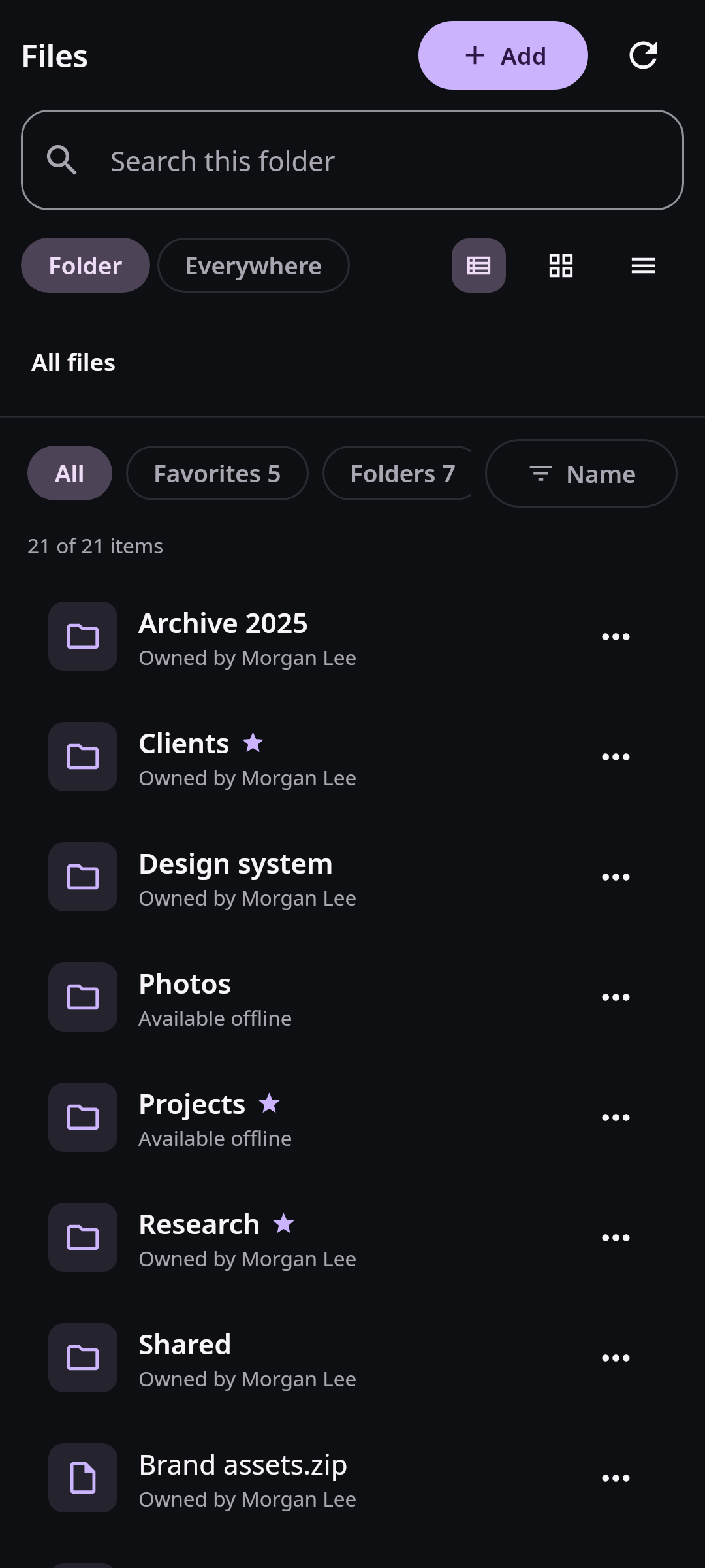 Nextcloud Native Android Files screen with folders, documents, previews, favorites, and explicit offline availability state for cloud content