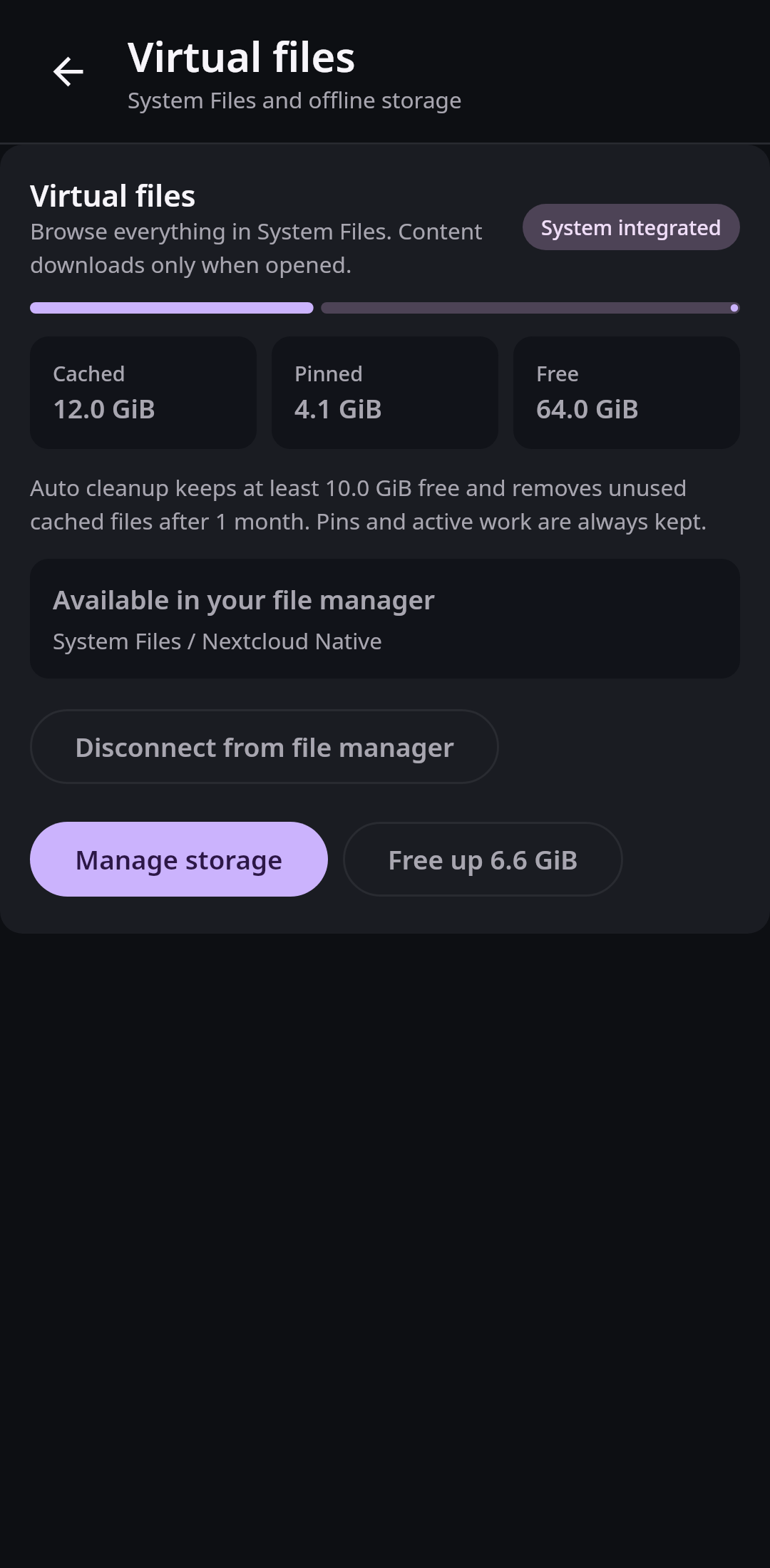 Nextcloud Native Android virtual-file storage view showing the System Files provider, cache usage, protected offline pins, free space, and cleanup policy