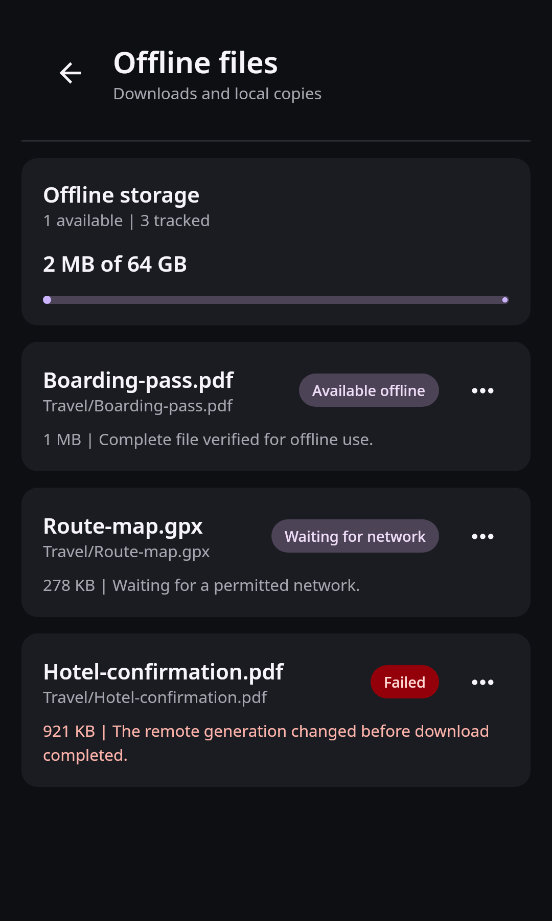 Nextcloud Native Android transfer view with pending, active, failed, and completed work separated into actionable states