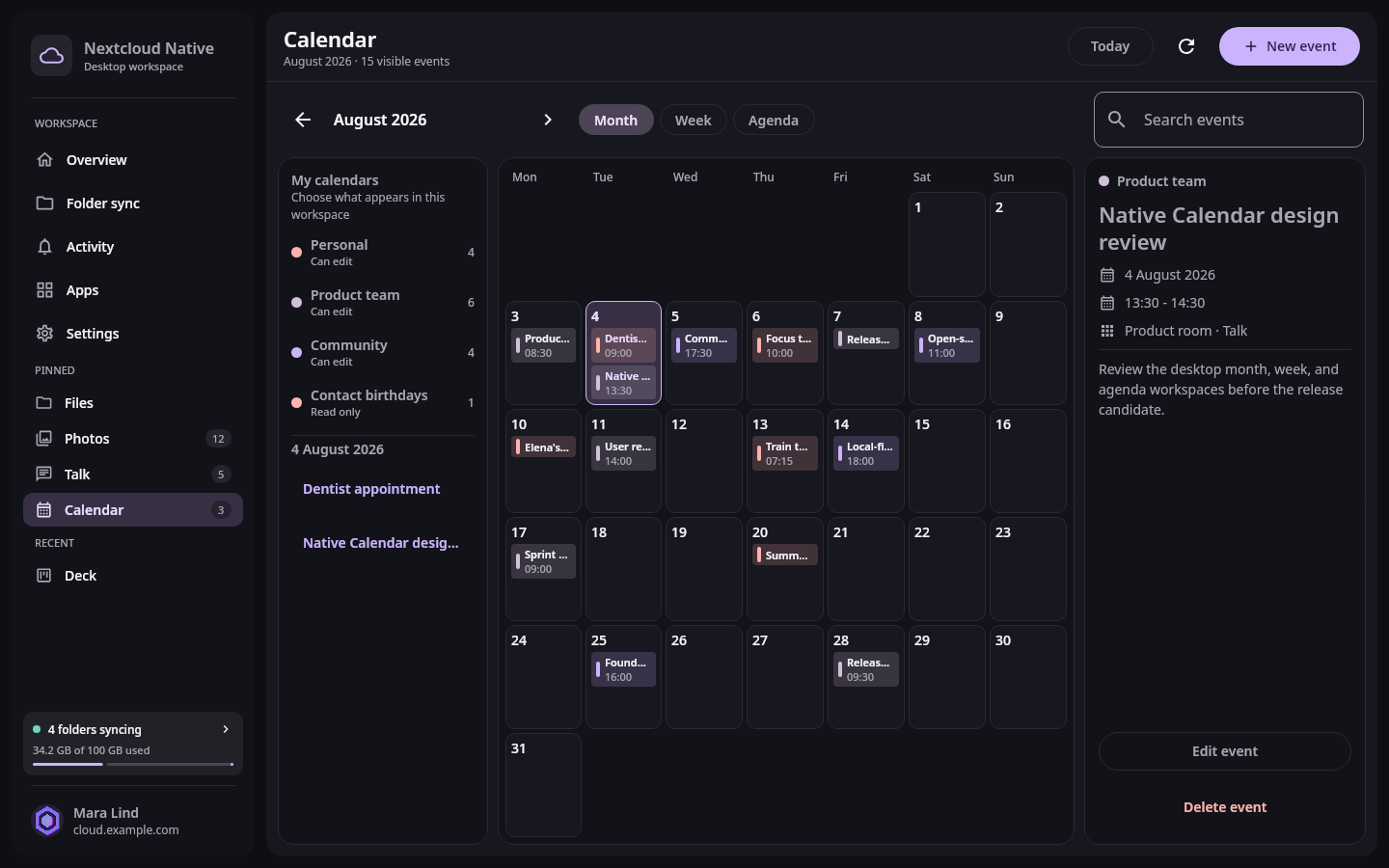 Nextcloud Native desktop Calendar with multiple named sources, visibility controls, writable and read-only labels, event counts, and selected-day details