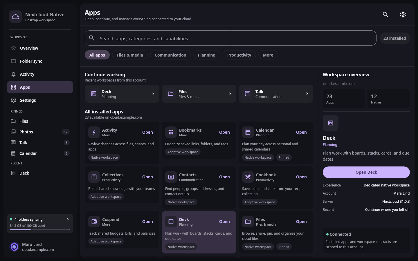 Nextcloud Native desktop Apps workspace with pinned tools, recent work, categories, search, installed app cards, and the persistent sidebar