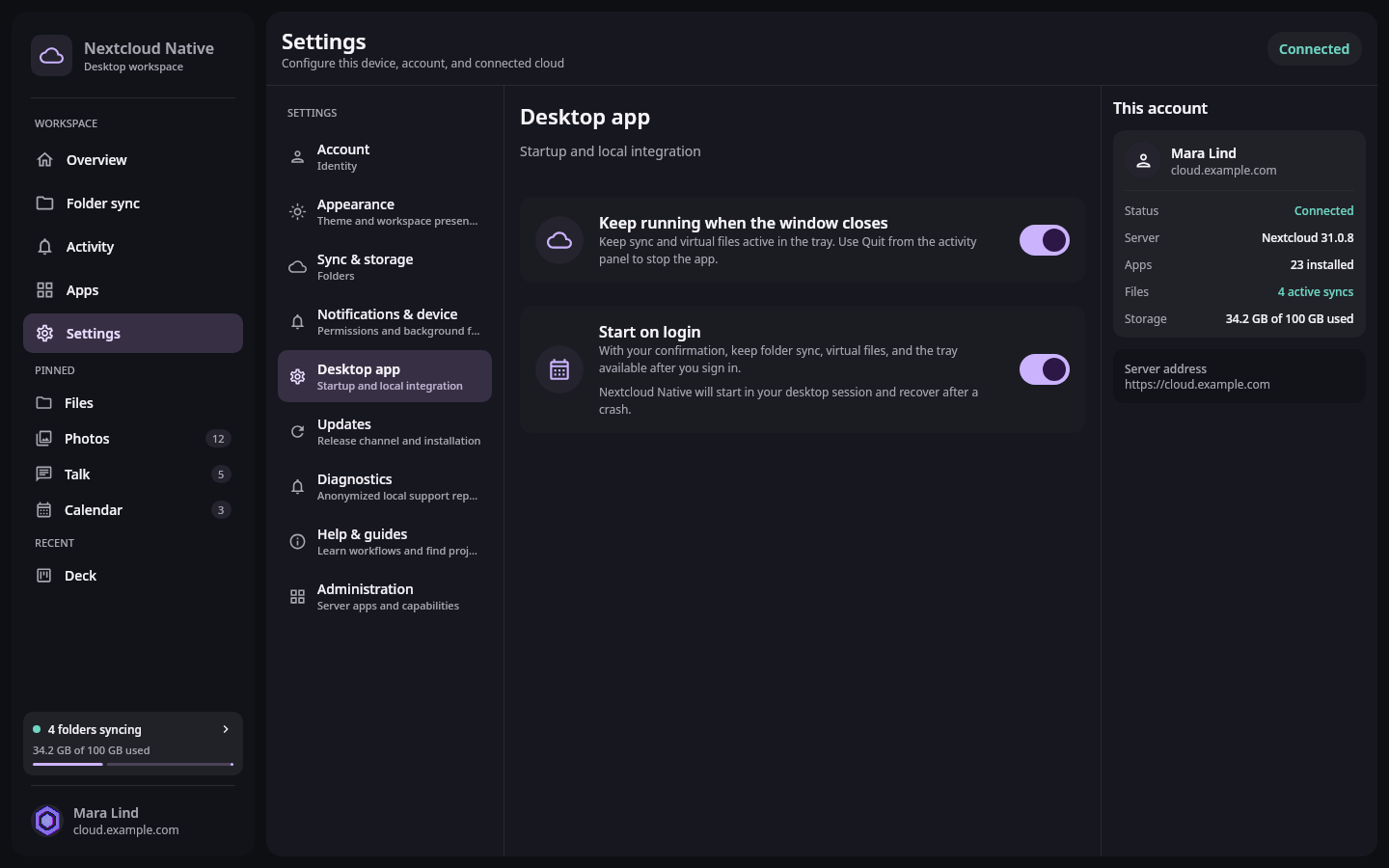 Nextcloud Native desktop Settings workspace with account, appearance, sync and storage, notifications, desktop app, updates, help, and administration sections