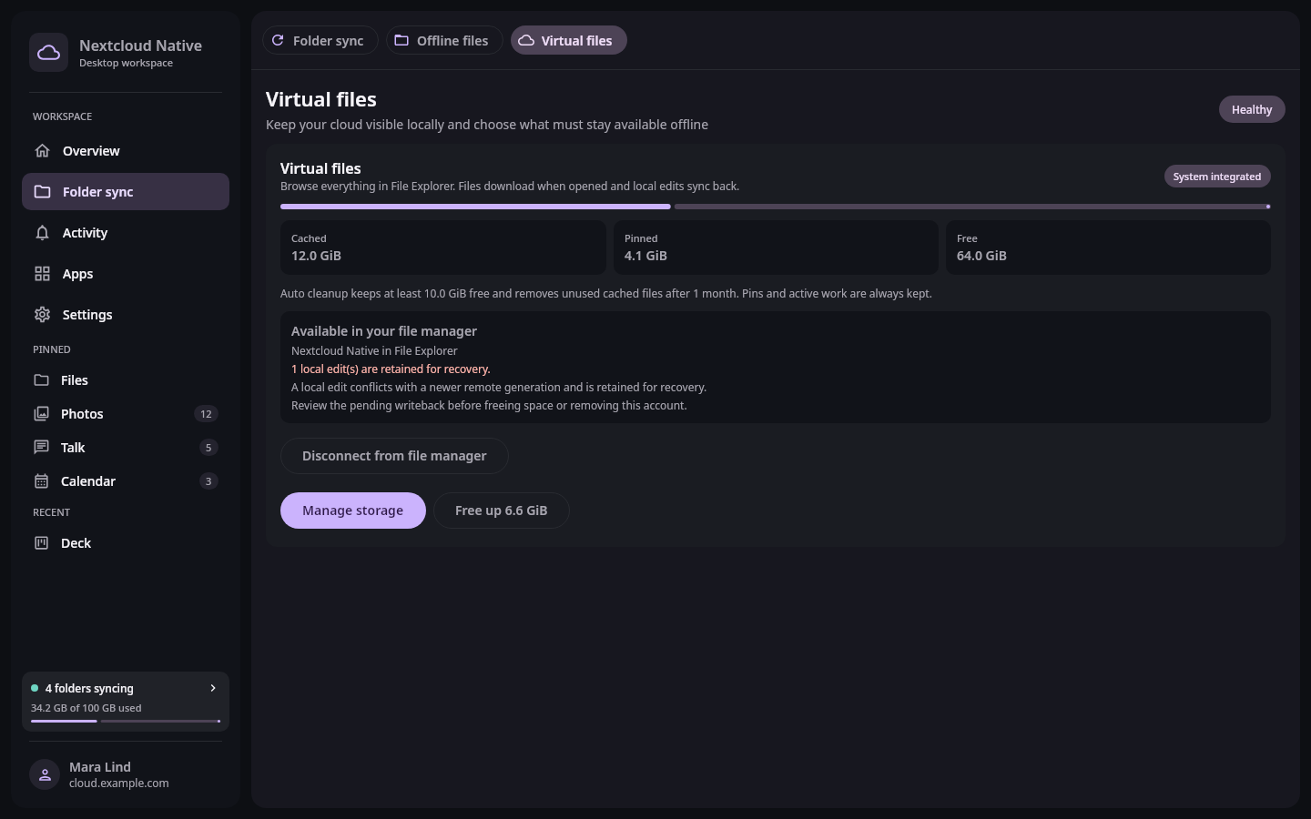 Nextcloud Native Windows virtual-file recovery state showing pending writebacks, a newer remote generation conflict, retained local edits, and attention guidance