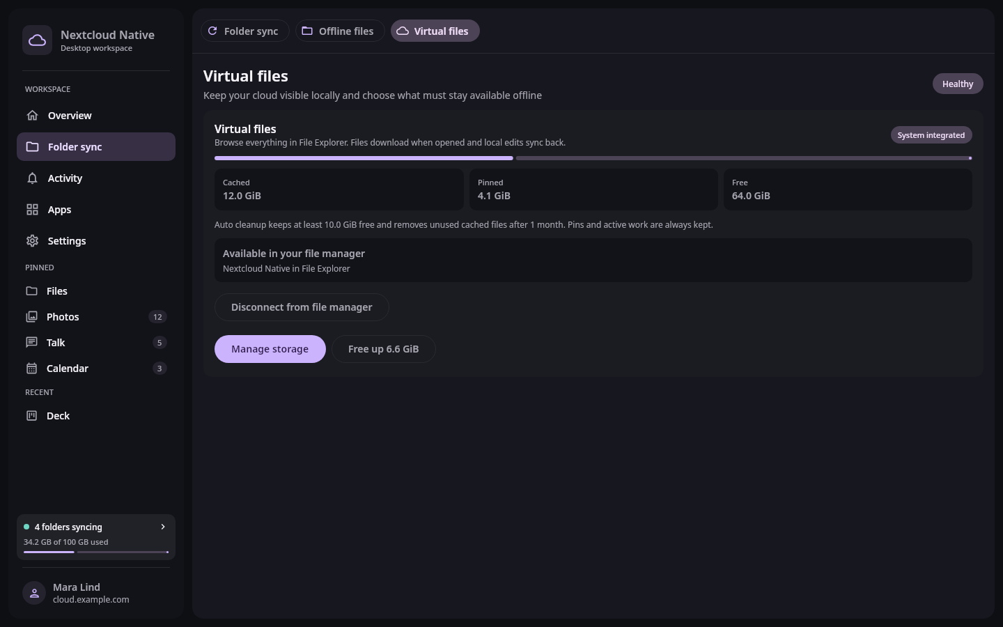 Nextcloud Native Windows virtual-file storage overview showing placeholder integration, hydrated bytes, pinned content, free space, and automatic cleanup state