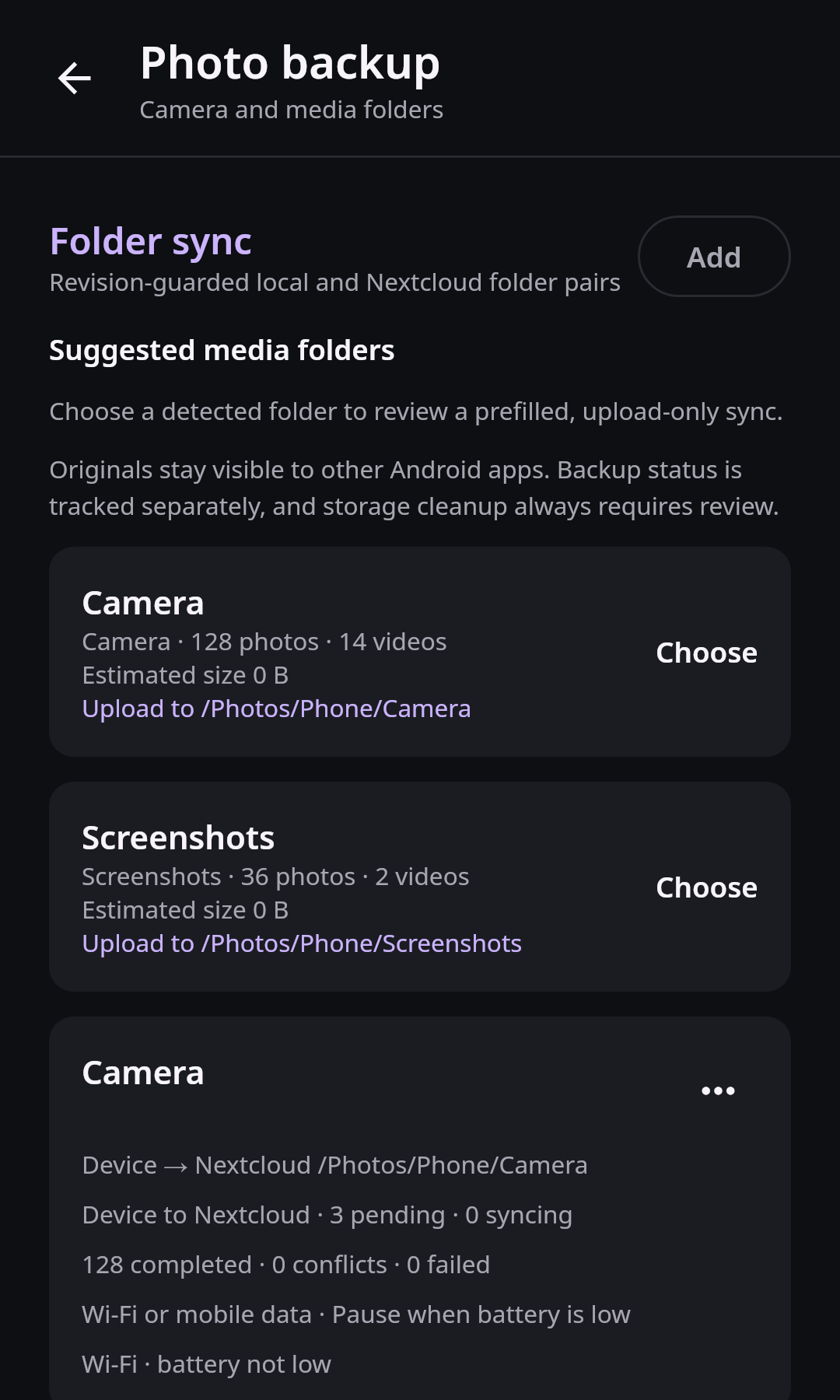 Nextcloud Native showing detected Camera and Screenshots folders plus pending and completed photo backup counts on mobile