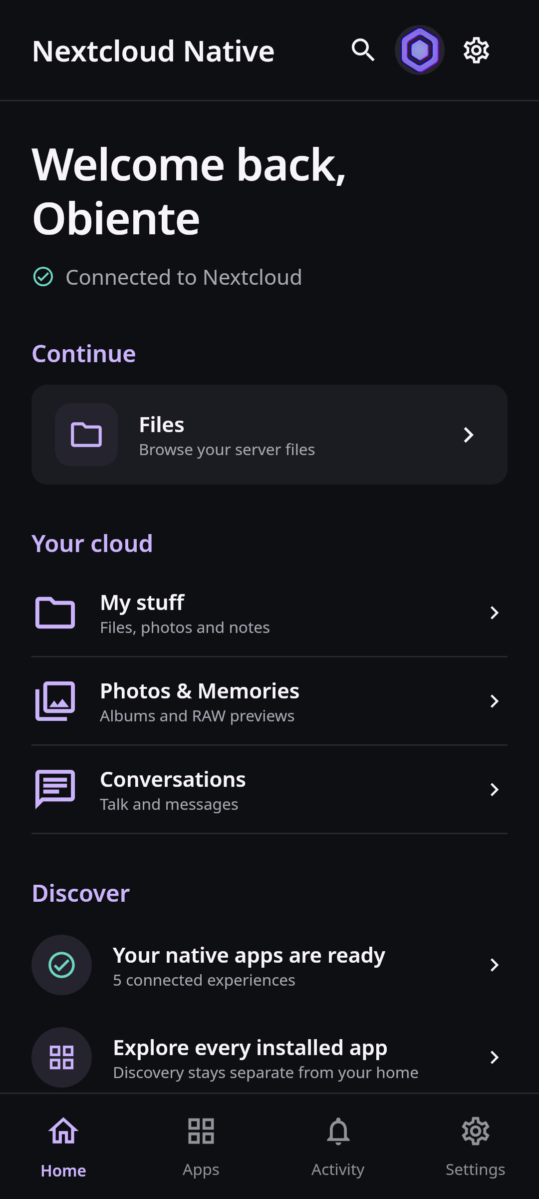 Nextcloud Native mobile home with Files, Photos and Memories, Conversations, and app discovery