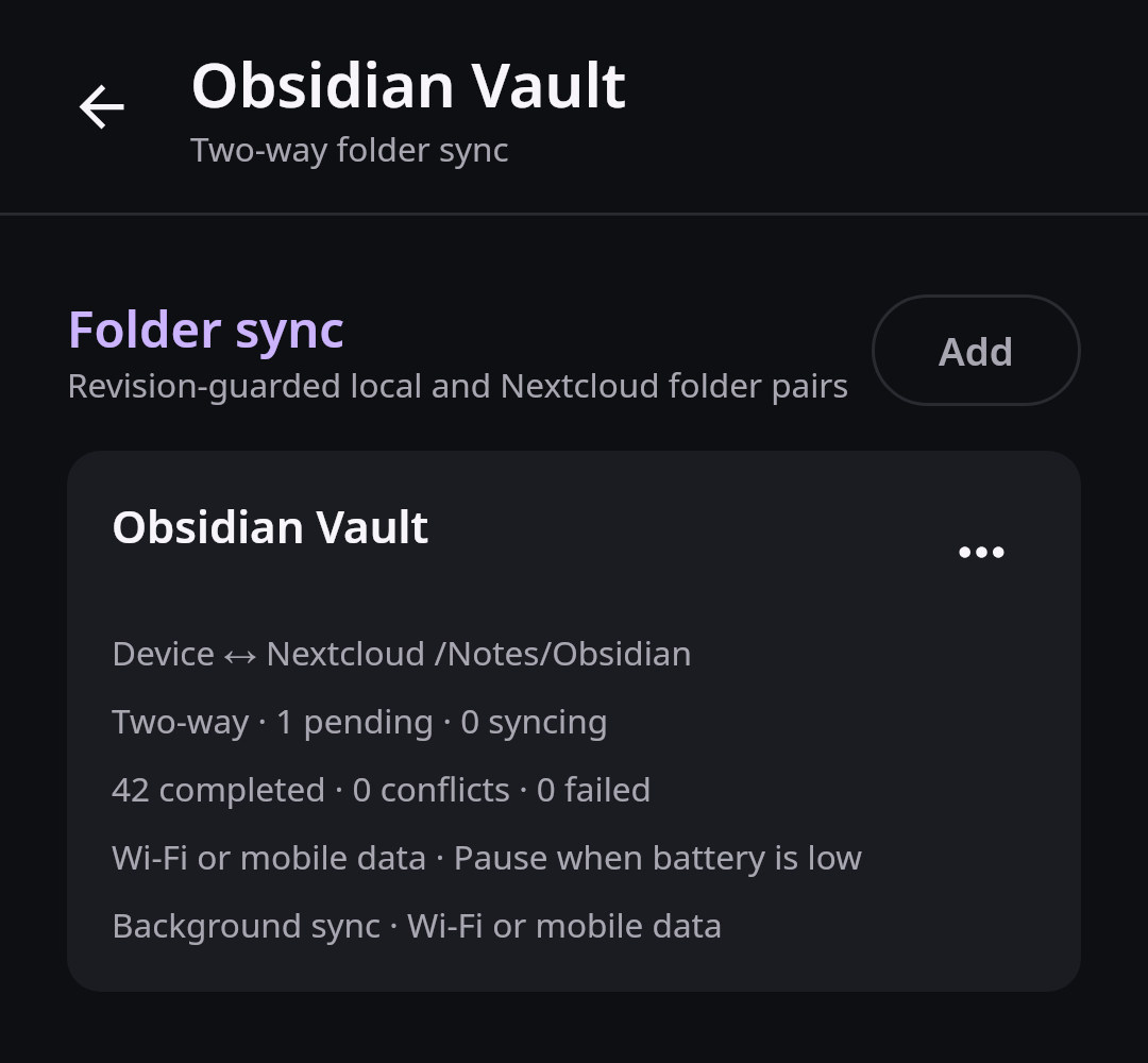Nextcloud Native showing a synthetic Obsidian vault two-way sync pair with pending and completed transfer counts on mobile